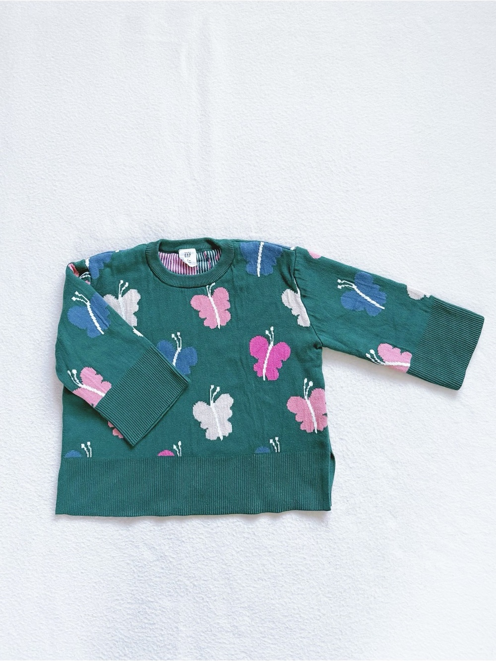 GAP Toddler Girl Butterfly Knit 24/7 Cotton Split-hem Sweater Floral Green 3T
